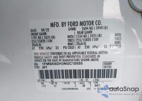 2022 Ford Explorer Xlt z USA, uszkodzony, nr VIN 1FMSK8DH3NGC10555